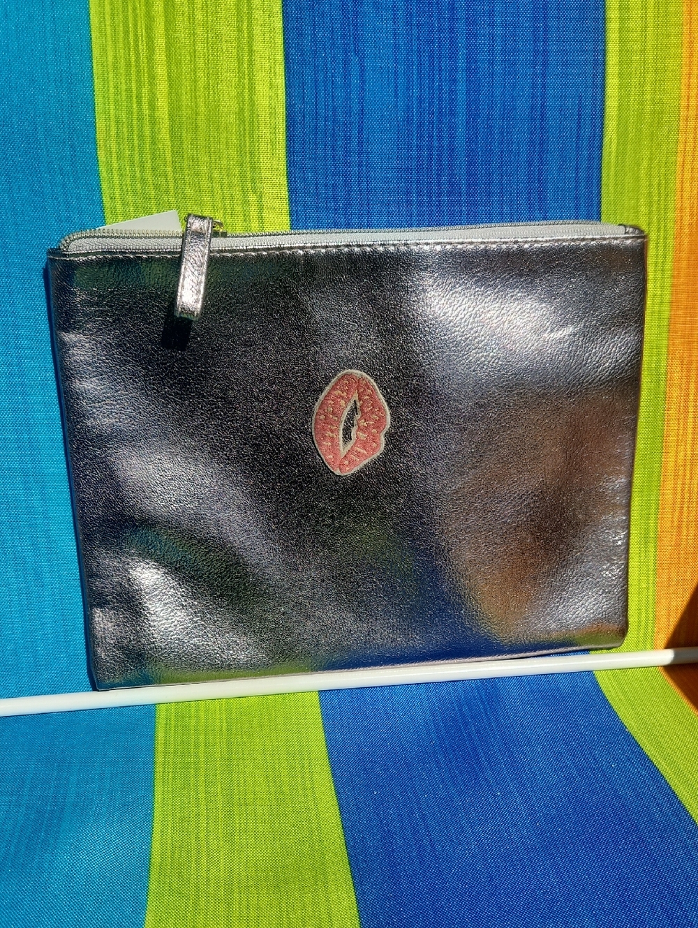 ✨️Bloomingdale's Metallic Silver Toiletry Pouch with Pink Lip Patch